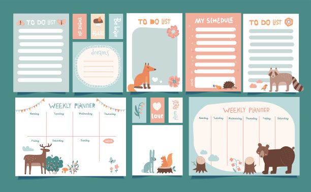 大集每周计划，标签，时间表和可爱的森林野生动物做清单。矢量手绘插图。A4大小的可打印模板图片下载