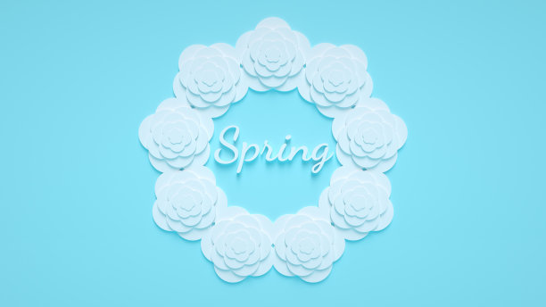 白色的春天文字在花在蓝色- 3D插图图片下载