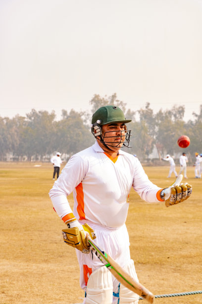 在比赛场地拿着球棒的板球运动员图片下载