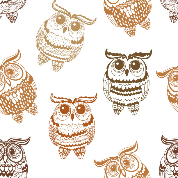 无缝图案与卡通猫头鹰。手绘矢量插图在白色。动物艺术背景。完美的设计模板，墙纸，包裹，织物和纺织品。非常适合育儿室。图片下载