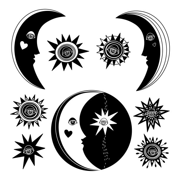 月亮和星星。卡通孤立的设计元素。黑色和白色。向量。图片下载