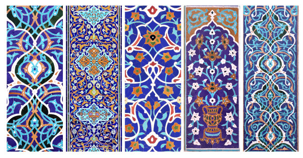一套垂直或水平的横幅，带有花卉和几何装饰的古代马赛克墙的细节图片下载