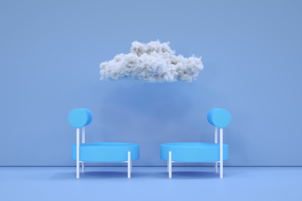 扶手椅和云朵在空房间开会头脑风暴概念图片下载