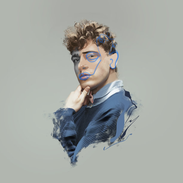 创造性的艺术拼贴。年轻人严肃的肖像在灰色的背景。海报图形。照片与插图的结合。思想、灵感、时尚和情感的概念。图片下载