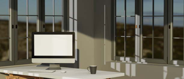 黑屏台式电脑在一个最小的办公室装饰和复制空间，3d渲染图片下载