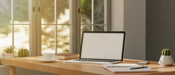 家庭工作空间与笔记本电脑黑屏模型，咖啡杯，装饰植物，和附件的桌面在现代明亮的客厅。三维渲染图片下载