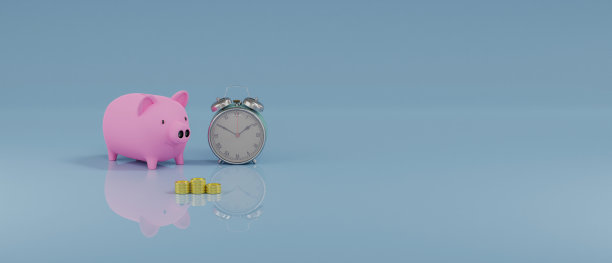 存钱罐，闹钟，和蓝色背景的金币。三维渲染图片下载