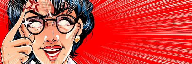 美国漫画风格的彩色插图，一个怪物的父母教育妈妈与眼镜谁突然从它。图片下载