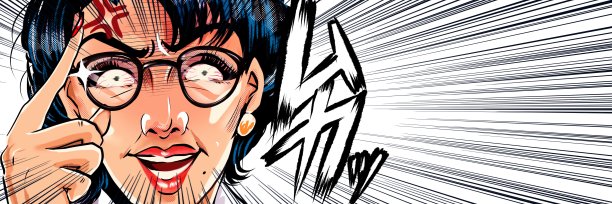 美国漫画风格的彩色插图，一个怪物的父母教育妈妈与眼镜谁突然从它。图片下载