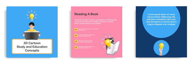 社交媒体教程，提示张贴横幅布局模板在3D卡通风格。通过阅读一本书的概念来发展思想图片下载