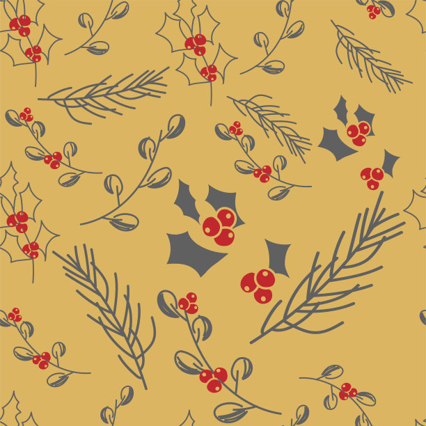 向量。圣诞快乐，新年快乐无缝图案与树叶，浆果，冬青和云杉的树枝。无缝的冬季背景。设计包装纸，贺卡，纺织品，品牌。图片下载