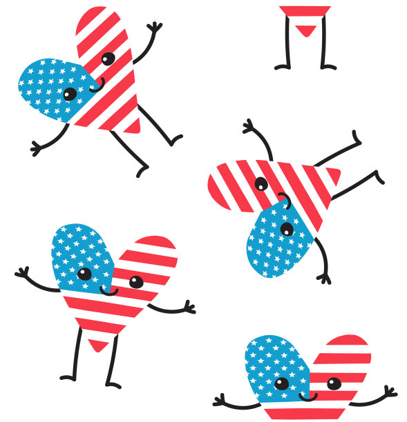 矢量无缝模式的手绘平美国国旗心脏与脸图片下载