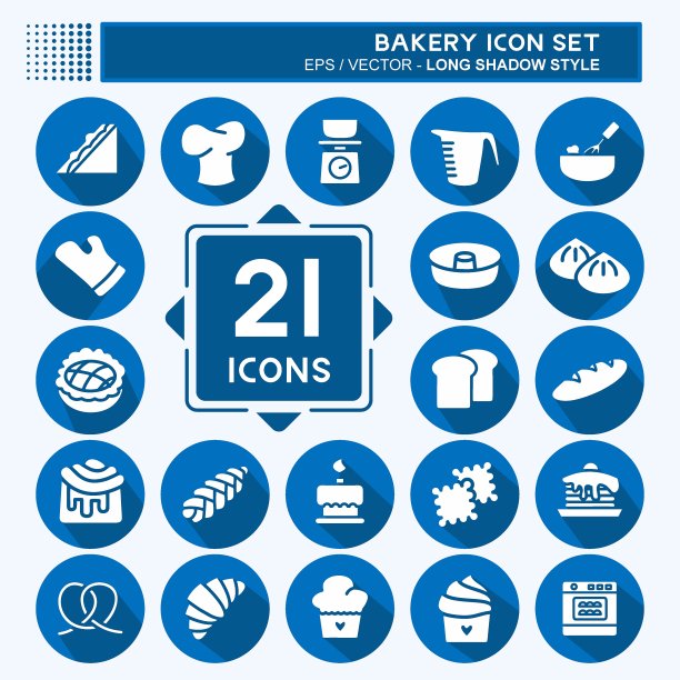 图标设置面包店。适合面包店的标志。长长的阴影风格。简单的设计可编辑。设计模板向量。简单的说明图片下载