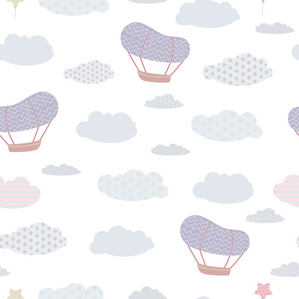 幼稚的无缝的打印。天空中云彩和气球的图案。柔和的色调。救生装置和气球，还有一个旅行篮子。矢量图图片下载