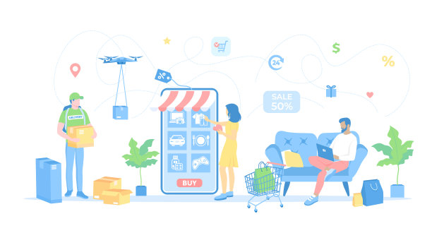 网上购物，申请，服务，银行。送货上门服务。人们通过手机和笔记本电脑在网上购物。矢量插图平面风格。图片下载