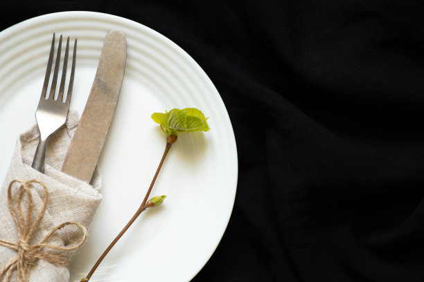 餐盘里用纸巾包裹的刀叉，黑色背景，旁边放着一根带绿叶的树枝，餐桌布置图片下载