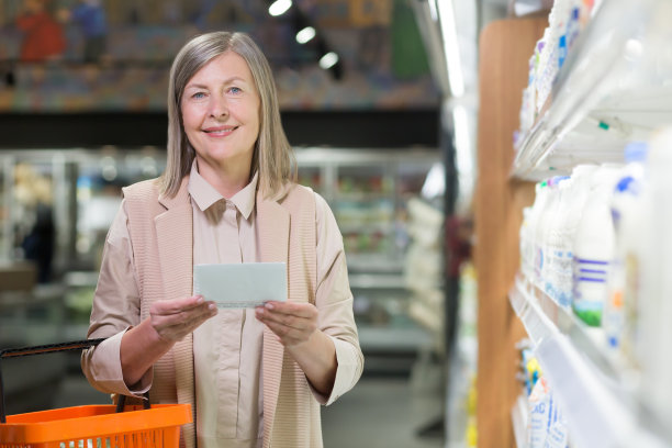 肖像。高级美女在店里购物。超市。站着，手里拿着写在纸上的商品清单，拿着一个塑料篮子，挑选商品。他看着镜头，微笑着图片下载