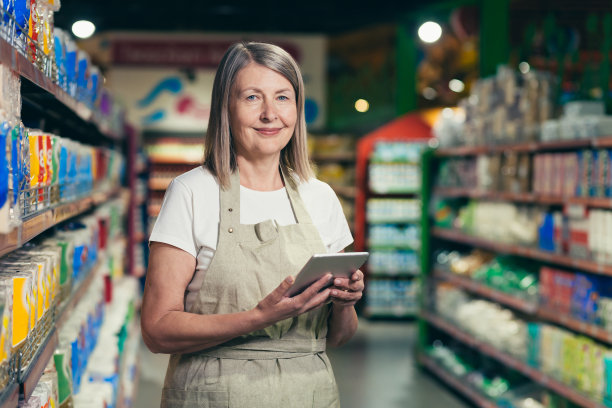 杂货店高级女售货员的肖像，头发花白的女人带着平板电脑微笑着看着相机图片下载