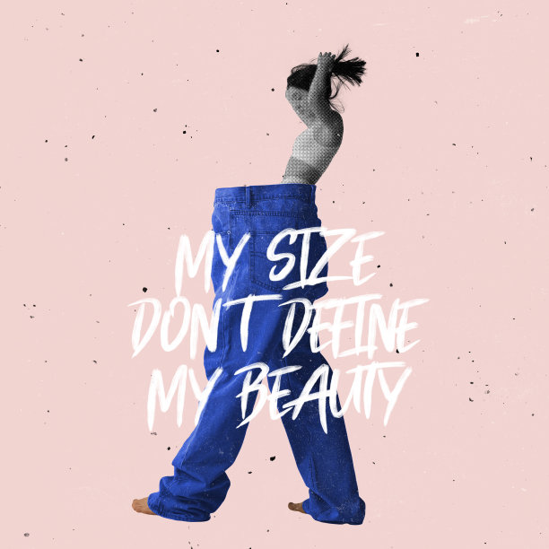 当代艺术拼贴。苗条的年轻女孩在巨大的牛仔裤孤立在粉红色的背景概念形象图片下载