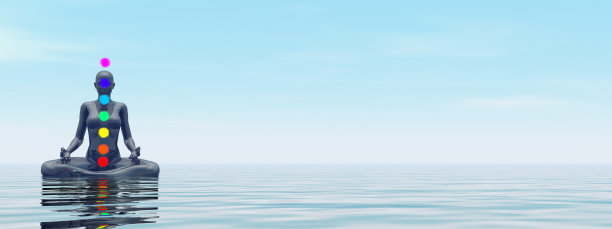 在海洋和脉轮颜色冥想的女人- 3D渲染图片下载