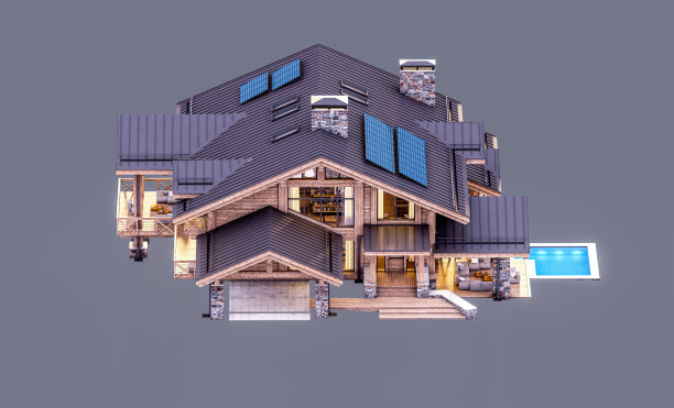 3d渲染现代舒适的小屋在傍晚孤立在灰色上图片下载