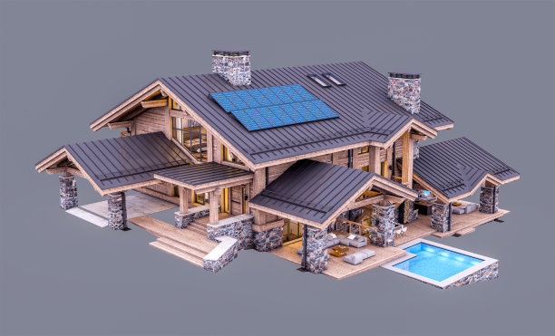 3d渲染现代舒适的小屋在傍晚孤立在灰色上图片下载