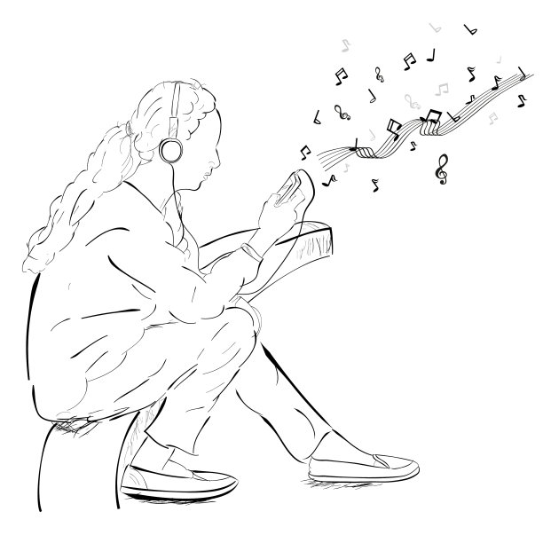 素描年轻女孩通过智能手机听音乐图片下载