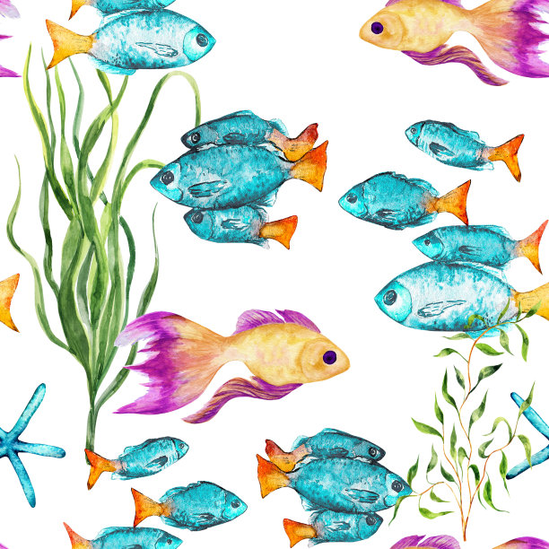 水彩无缝图案的彩色热带鱼。图片下载