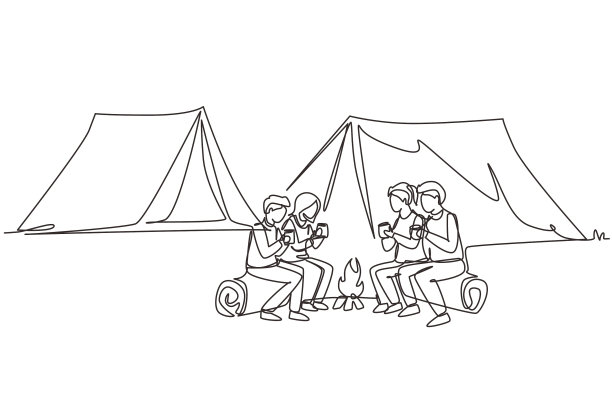 单条连续的线条画出幸福的两对男人图片下载