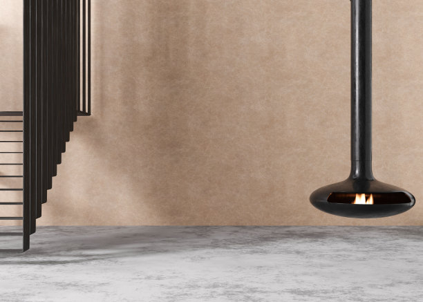 空房间，木墙和水泥地板。只有墙壁、地板、楼梯和壁炉。模型内部。免费，复制空间为您的家具，图片，装饰等物品。3 d渲染。图片下载