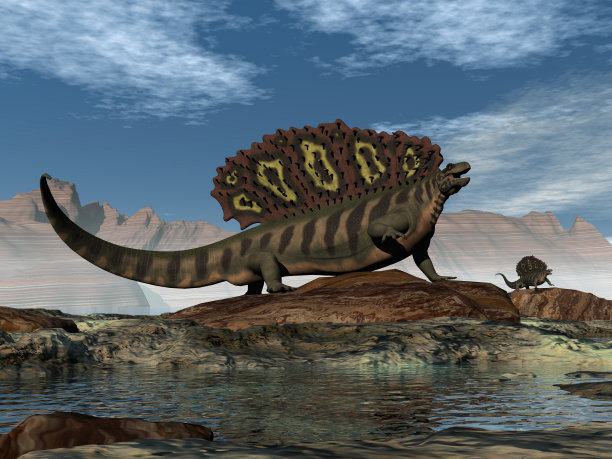 史前动物在岩石上行走- 3D渲染图片下载