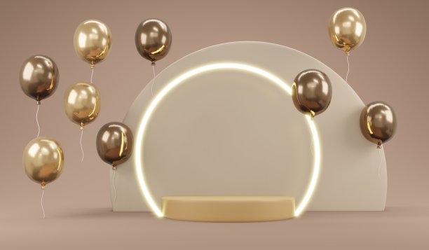 以气球豪华米色为主题的3D渲染概念，配合商业设计的广告背景平台展示。3D渲染卡通插图。图片下载