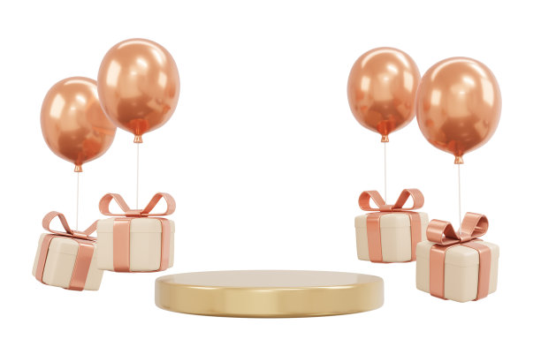3D渲染气球概念和礼盒豪华米色主题，平台展示的广告孤立在白色的商业设计。礼物和气球。3D渲染卡通插图。图片下载