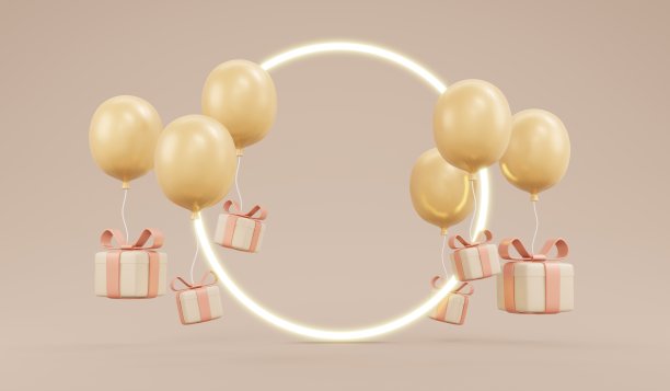 气球3D渲染概念，礼盒奢华米色主题，商业设计背景广告空间。礼物和气球。3D渲染卡通插图。图片下载