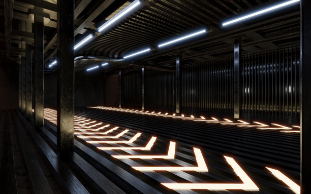 黑暗的建筑与霓虹灯照明，3d渲染。图片下载