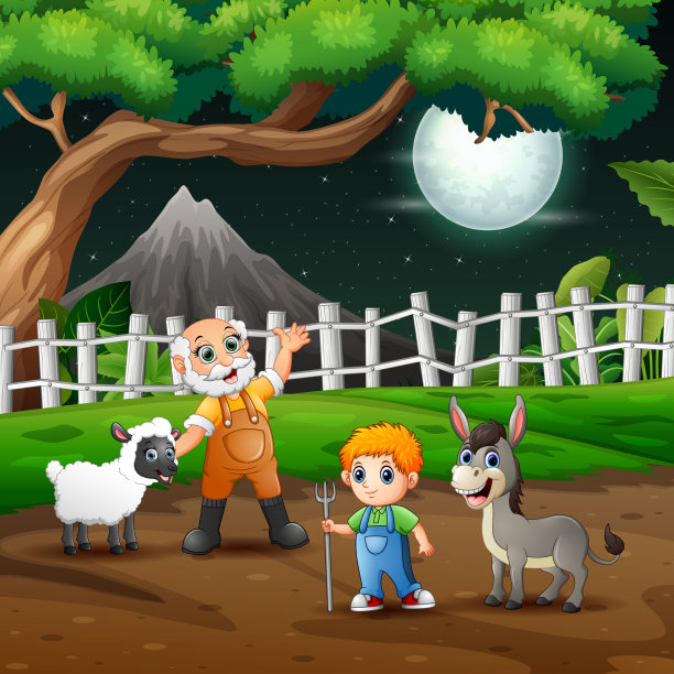 夜间景观与农民和农场动物图片下载