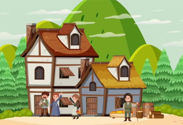 有村民的中世纪村庄场景图片下载