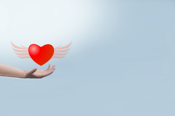 手握心形状与翅膀在蓝色背景。图片下载