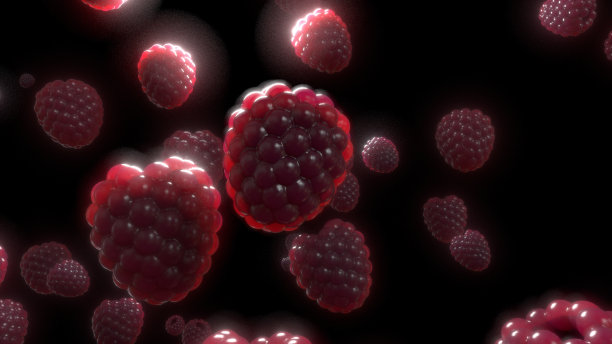 孤立的覆盆子在黑色背景飞行。三维渲染图片下载