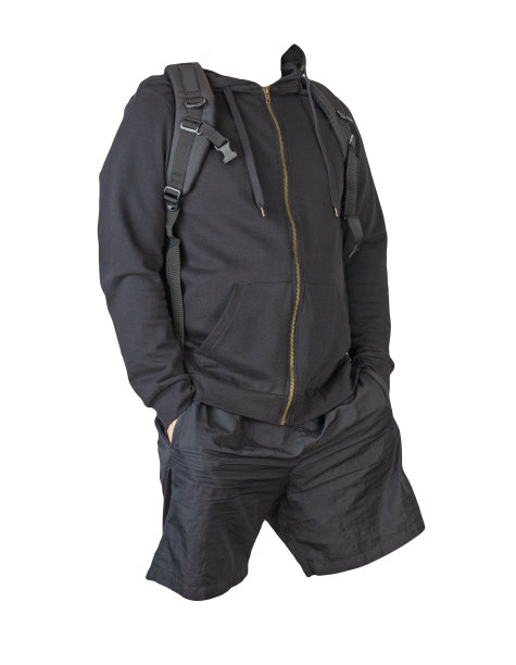 背包，运动衫，白色背景的短裤。图片下载