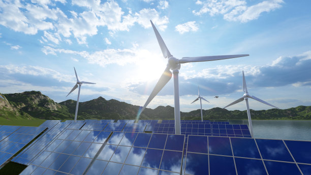 氢可再生能源生产——用于清洁电力的氢气太阳能和风力涡轮机设施。清洁能源。零排放。油箱。能量储存。3 d渲染。图片下载