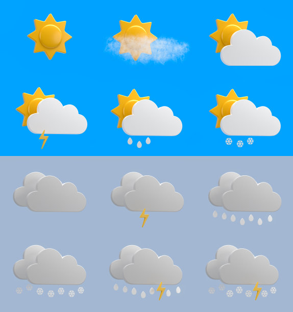 三维天气预报系列:不同的三维象形图，涵盖了全范围的天气预报情况。图片下载