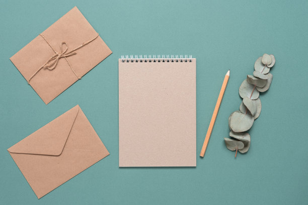 女性的工作空间，家庭办公室的桌子桌面顶部视图。棕色空白笔记本模型，工艺信封，铅笔和干桉树树枝。柔和的青绿色背景。图片下载