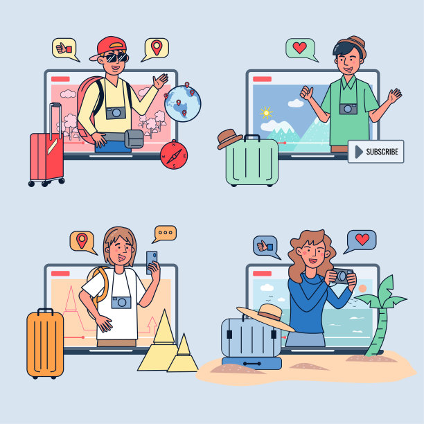 博客评论概念向量。创意知名网红拍摄短视频职业。旅游频道。图片下载