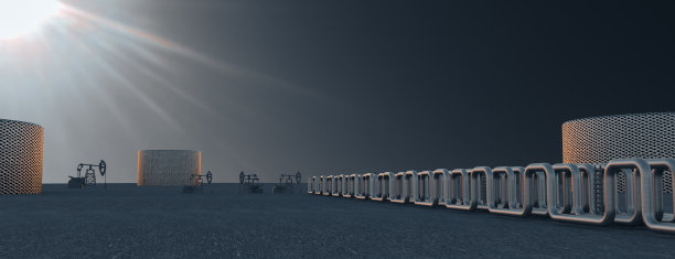 日出时大油田中油泵的剪影。原油工厂钢管长管。三维渲染图片下载