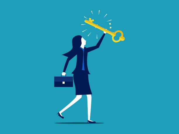 成功的关键。拿着钥匙的女商人。商业理念矢量图图片下载