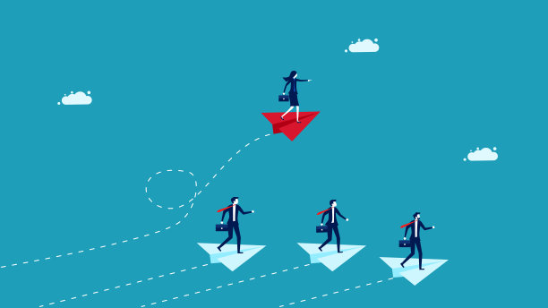 不同的领导人。一位女商人乘坐一架红色的纸飞机旅行。业务概念矢量说明图片下载