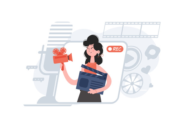 一个女人齐腰深，手里拿着电影拍板和摄像机。写博客。元素为演示文稿，网站。图片下载