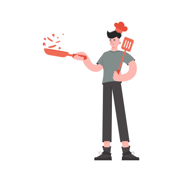 一个拿着煎锅和锅铲的成年男子站在那里。孤立。元素为演示文稿，网站。图片下载