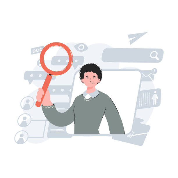 一个穿着时髦衣服的男人站在齐腰深的地方，手里拿着一个放大镜。人力资源。元素为演示文稿，网站。图片下载